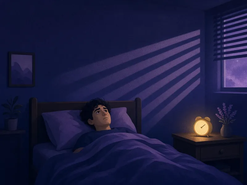 A man lying awake in bed at 3 am, staring at the ceiling beside a glowing alarm clock