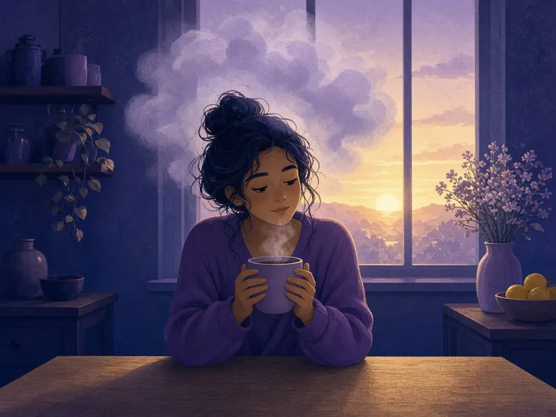A groggy woman holding coffee at sunrise with a foggy cloud around her head