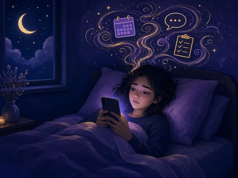 A woman lying in bed at night, scrolling her phone while thoughts swirl above her head